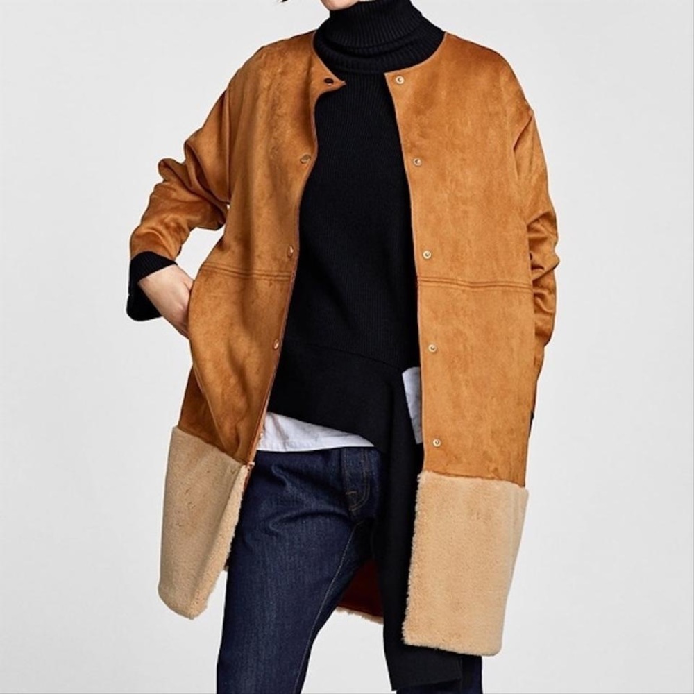 ZARA FAUX SUEDE LIGHTWEIGHT COAT with FUR TRIM